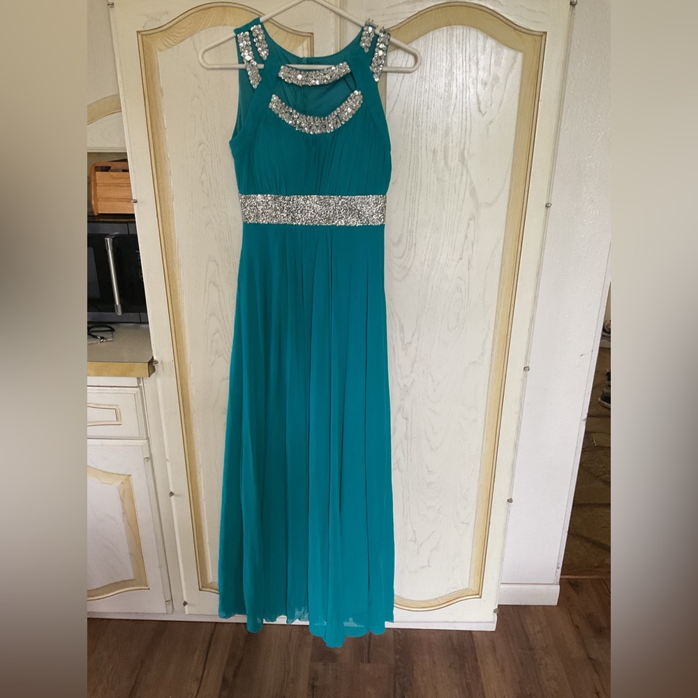 Teal sparkly halter top prom hood dress conail collection